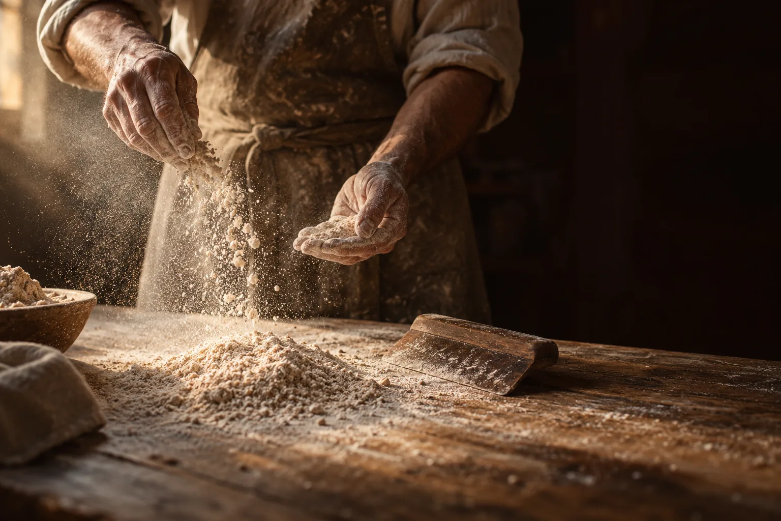 Flour on the bench, a few minutes before five.