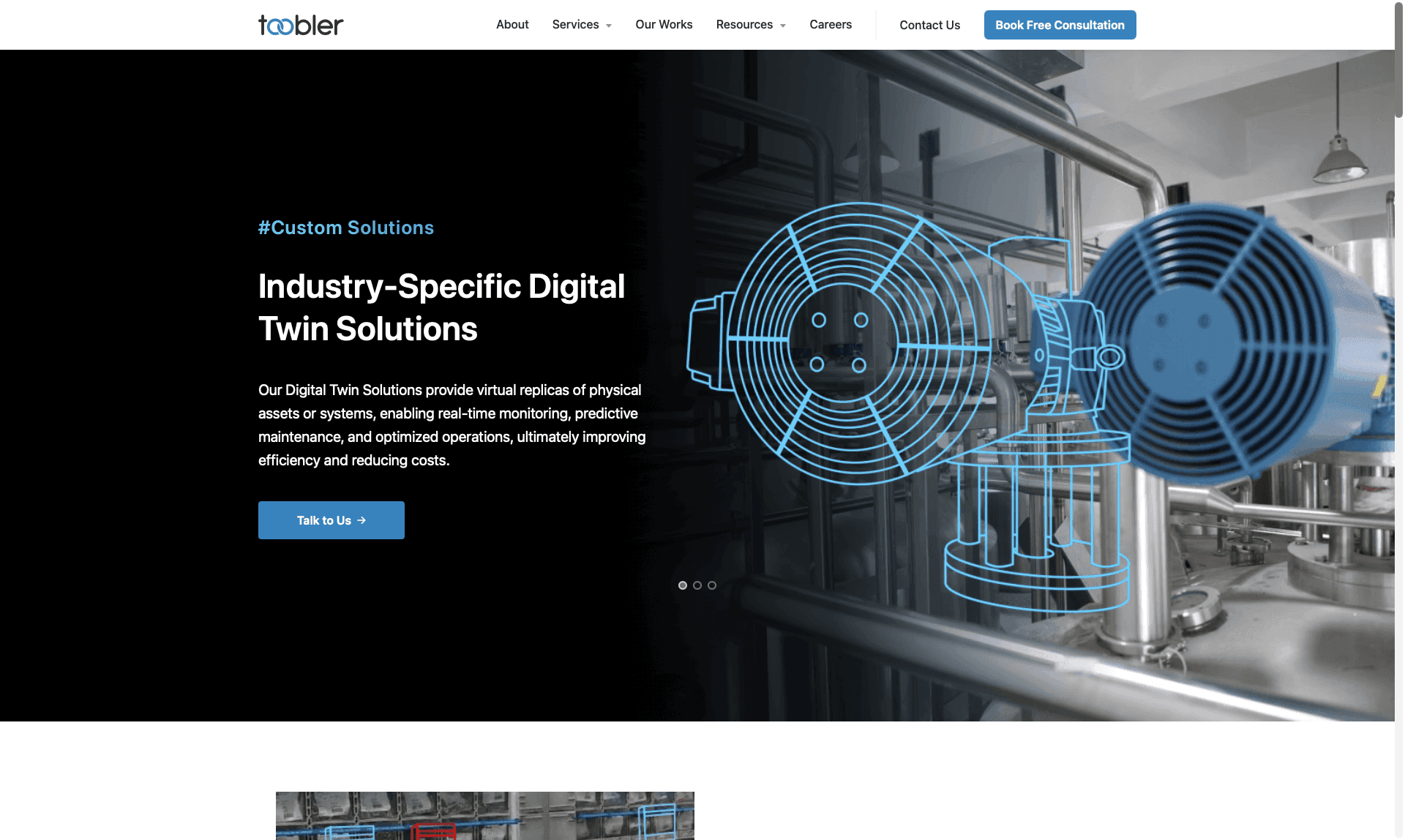 Toobler website homepage showing an industry-specific digital twin overlay on a blue industrial pump and pipework