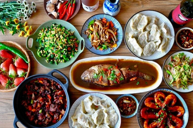 Traditional Chinese feast spread