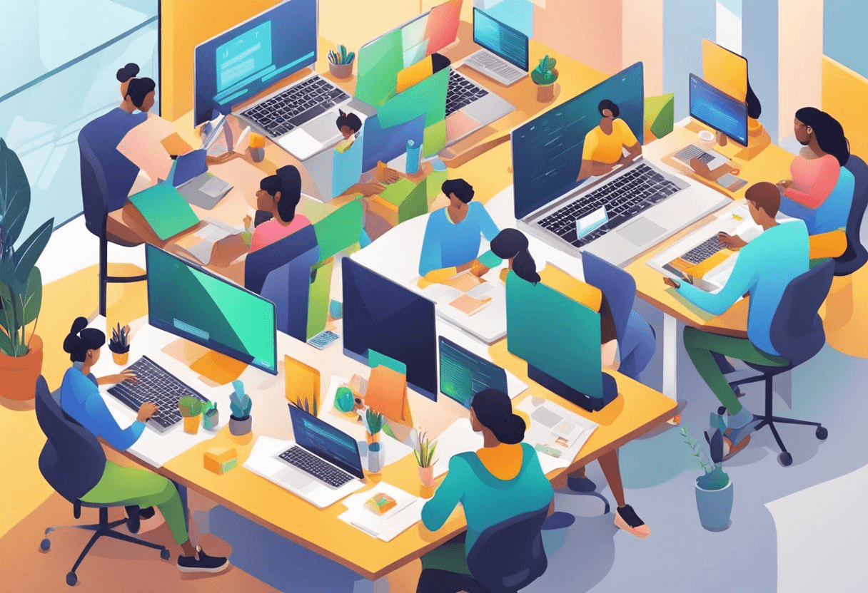 A bustling digital workspace with various freelancers collaborating on projects, showcasing diversity in skills and creativity