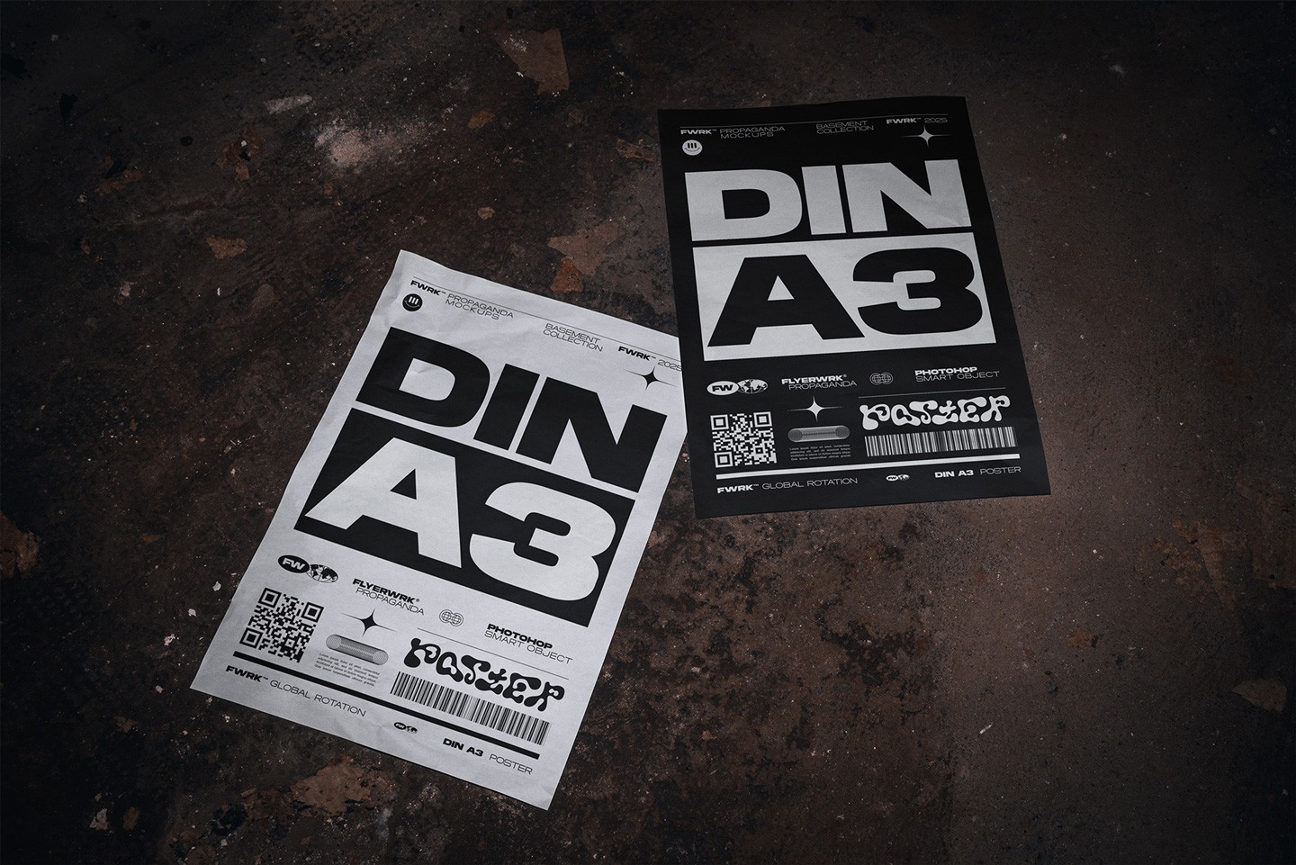 Basement A3 poster mockup lying loose on dusty basement floor surface