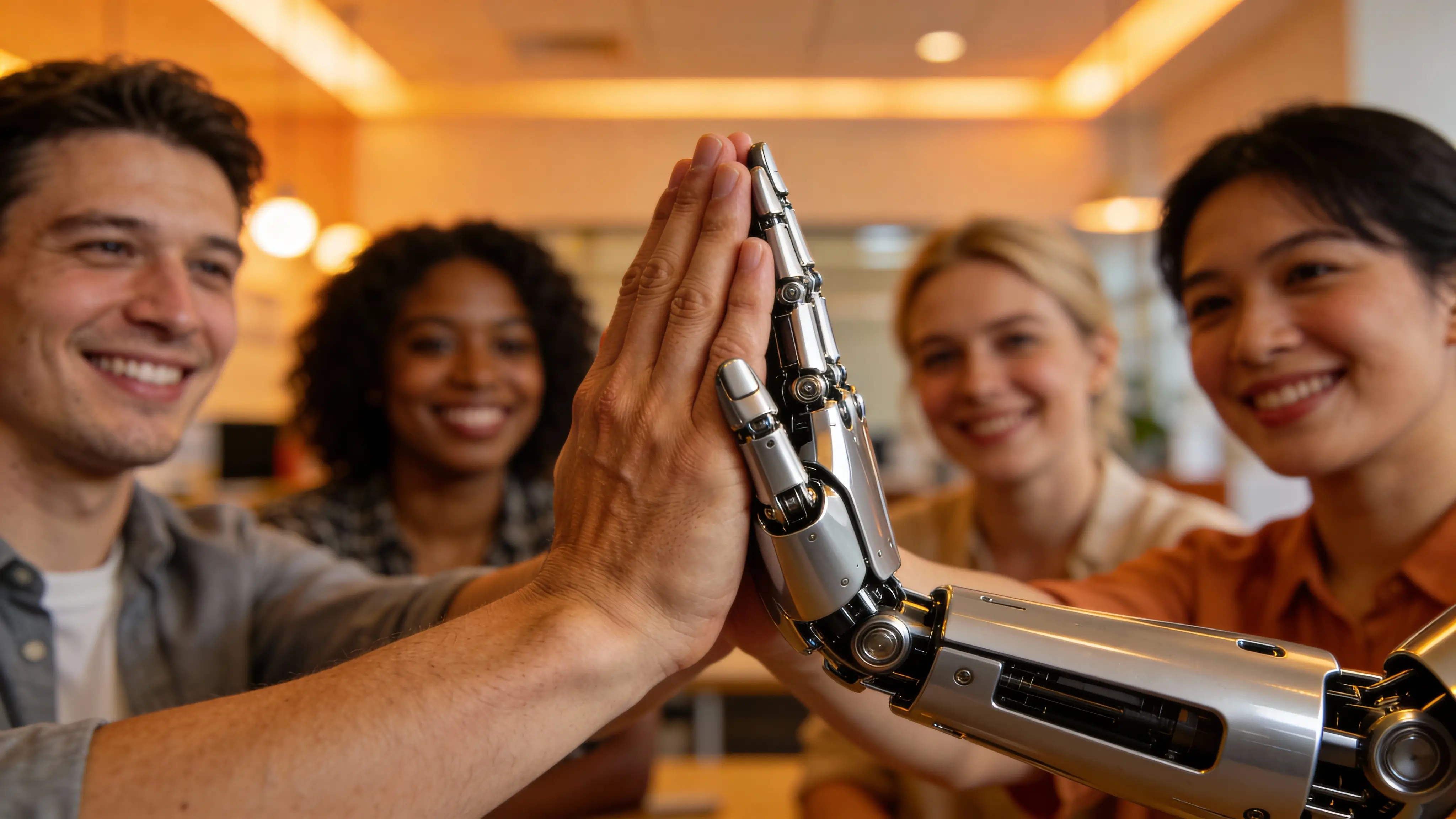 Mens en robot geven een high-five als symbool voor samenwerking tussen AI en medewerkers in een bedrijf.