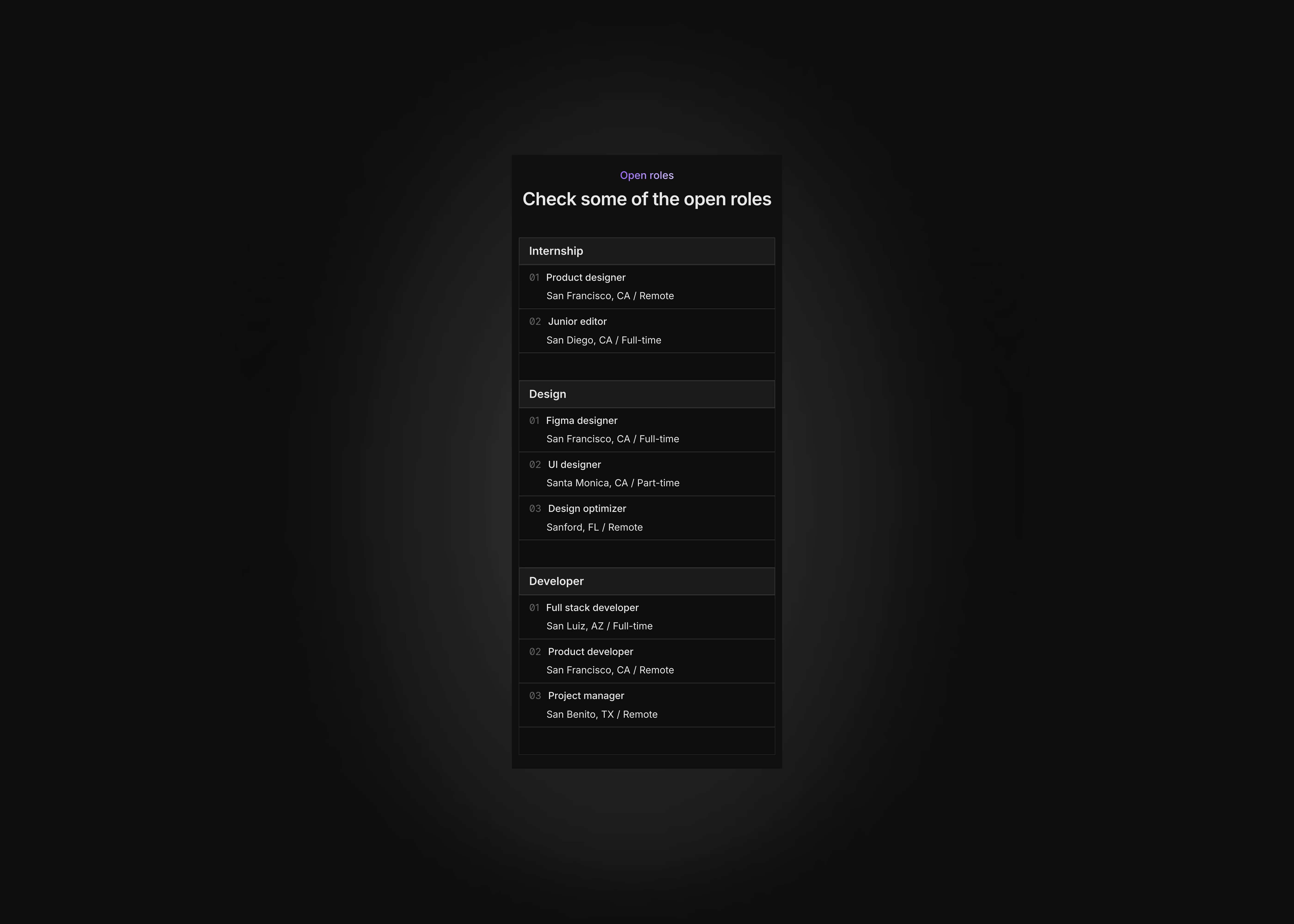Careers page section in dark theme with hover effect for mobile devices