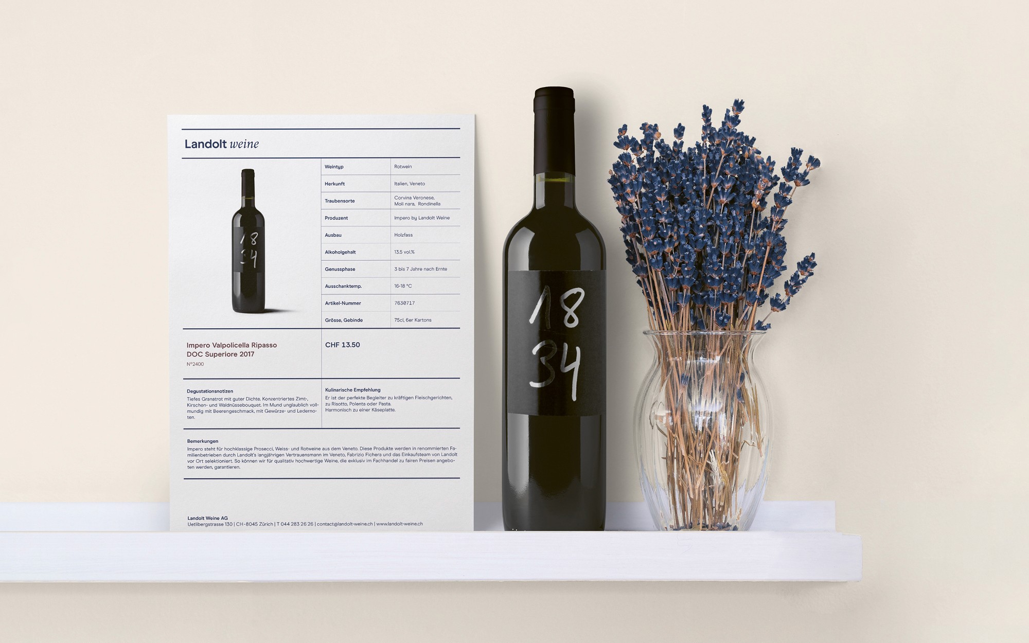 Landolt Weine A4 wine description with wine bottle and lavender bouquet.