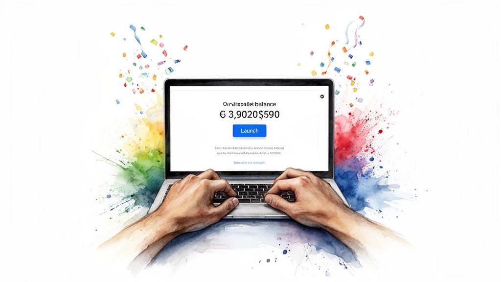 Hands typing on a laptop displaying a digital wallet balance with confetti and watercolor splashes.