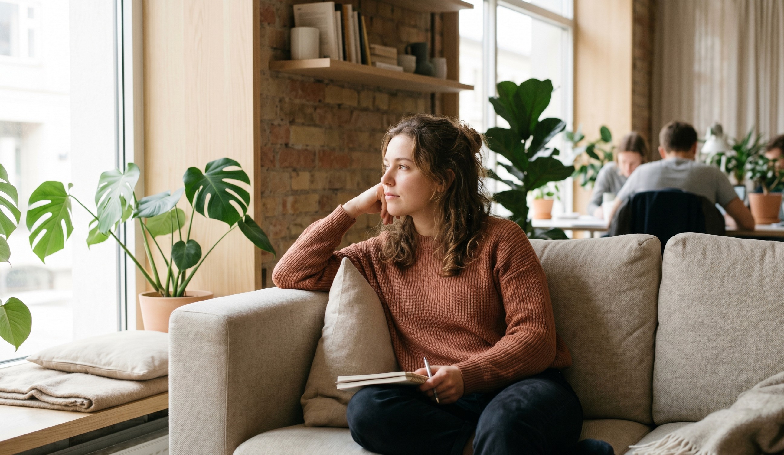 A thoughtful employee sitting on a light beige sofa in a modern, sunlit office, holding a notebook and gazing off-camera while colleagues work quietly in the background.