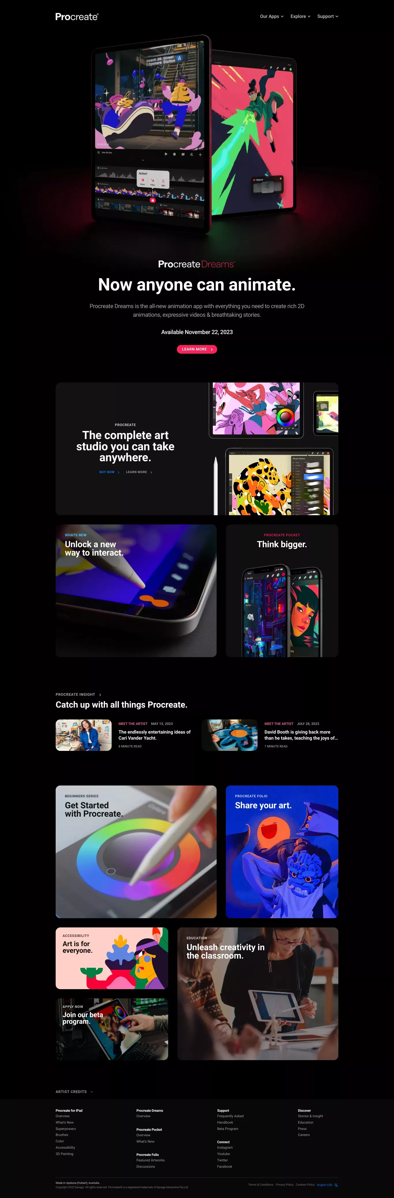 Procreate® – Sketch, Paint, Create. landing page screenshot showcasing Design and Tech design
