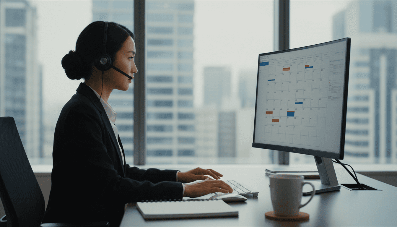 An executive assistant coordinating a leadership trip by phone and calendar in an office — the real day-to-day of corporate charter