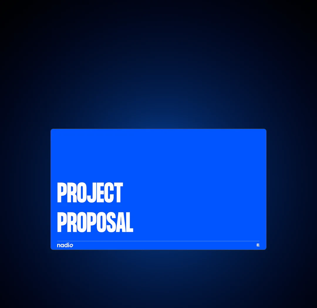 Blue Project Proposal cover card representing the proposal and deposit process phase.