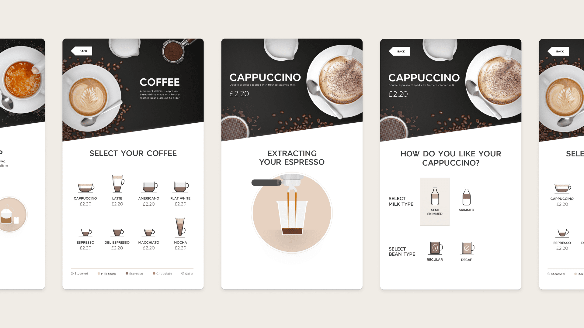 A multi-screen layout showing the full user flow of the M&S coffee machine UI. The screens illustrate the journey from selecting a drink type (e.g., Cappuccino) to customizing it with milk and bean options, and the visual feedback of the machine preparing the beverage. This highlights the complete user experience design.
