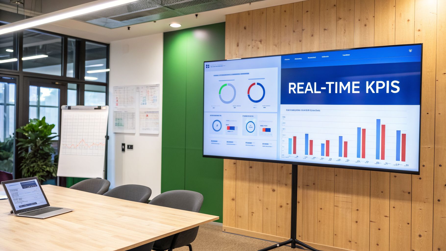 A modern meeting room with a large screen displaying real-time KPI dashboards and a laptop on a wooden table.