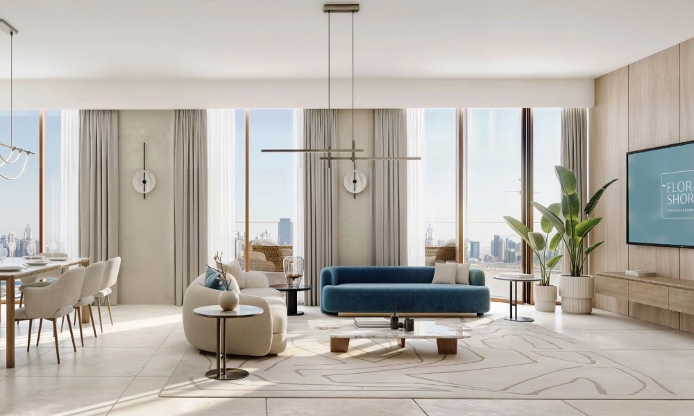 Contemporary living room in Flora Shore Beachfront Residences, showcasing a stunning view of the city.