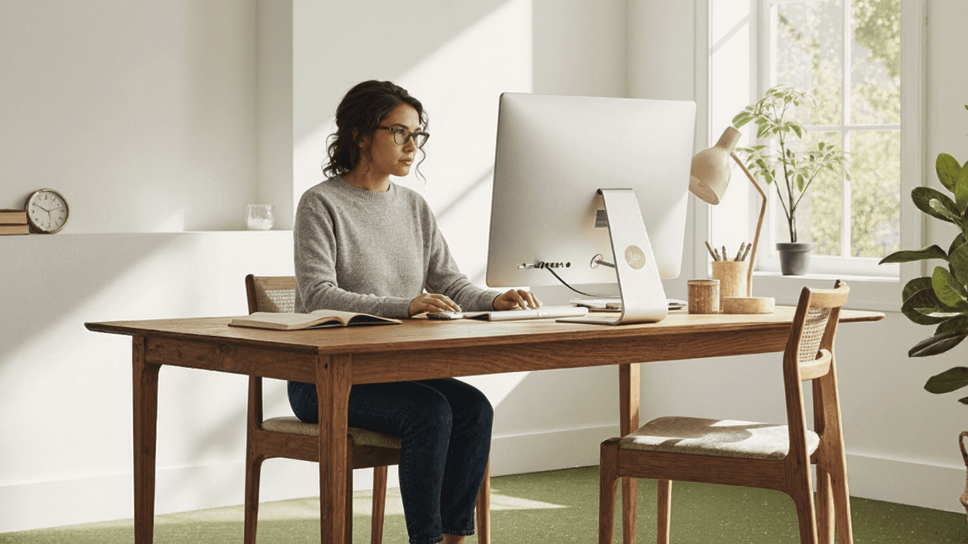 Mulher usando óculos trabalha concentrada em um computador de mesa em um ambiente iluminado, sentada à mesa com livros abertos ao lado; imagem usada pela Tivita para representar profissionais que organizam rotinas administrativas de clínicas.