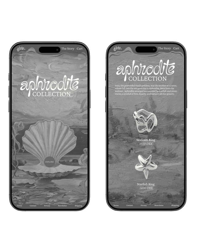 Gaia mobile screens — two iPhones showing Aphrodite collection interface, mobile web design