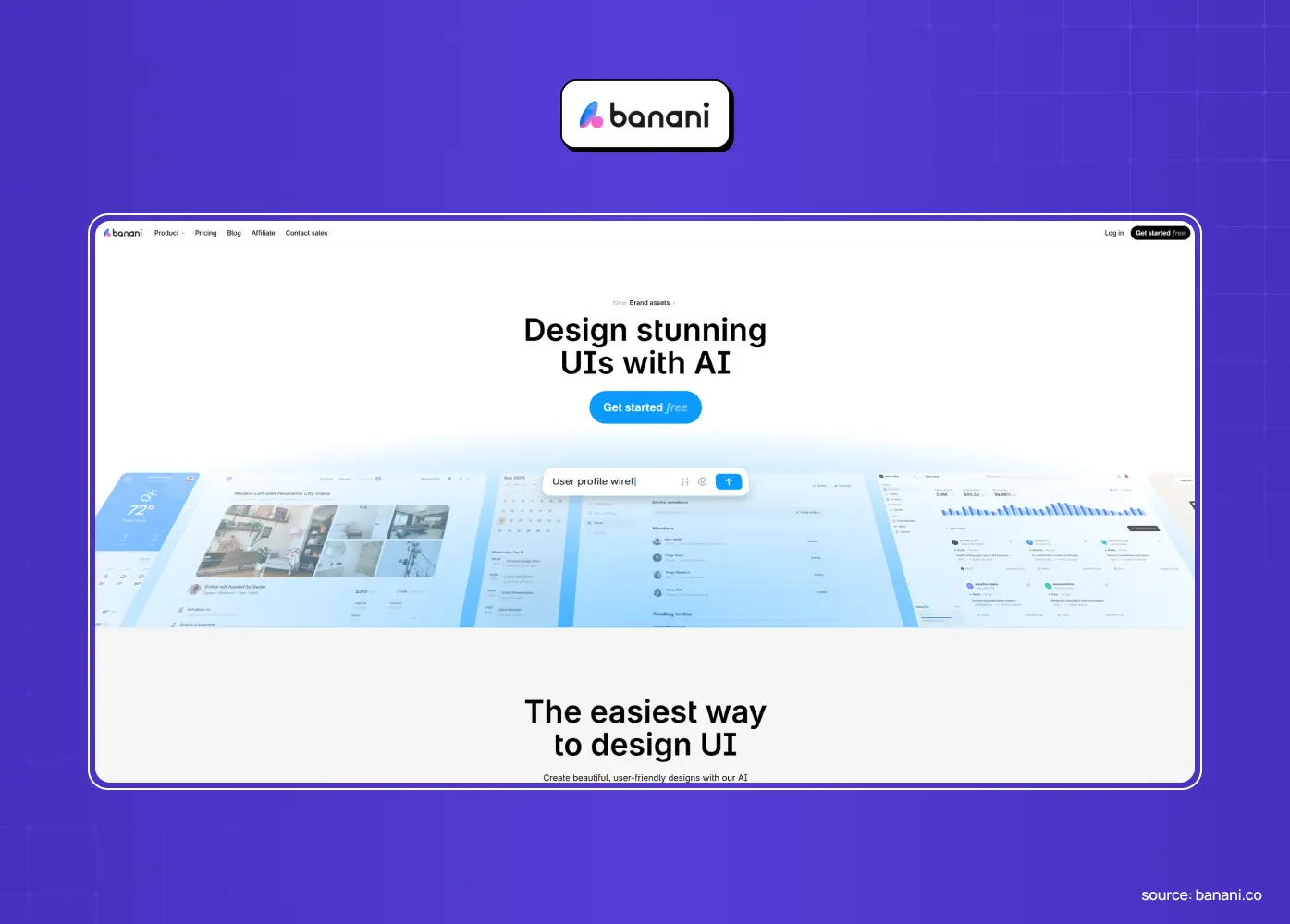 Homepage of Banani showcasing an AI-powered platform for generating modern user interface designs quickly.