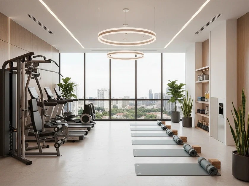 Bright fitness and wellness space with exercise equipment and a yoga area.