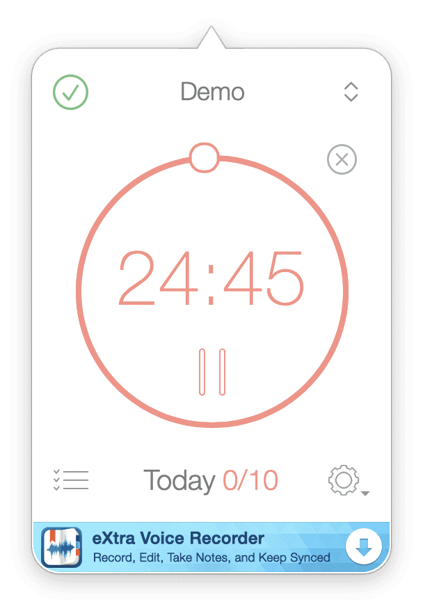 This screen is present when you click the timer in your Mac’s menu bar. It allows you to quickly open up tasks, and manage your timer.