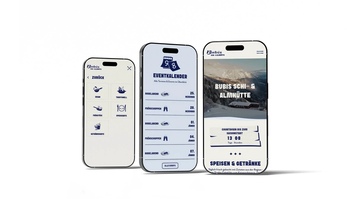 Ein Bild von drei Iphones welche die Website von Bubis Schihütte zeigen.