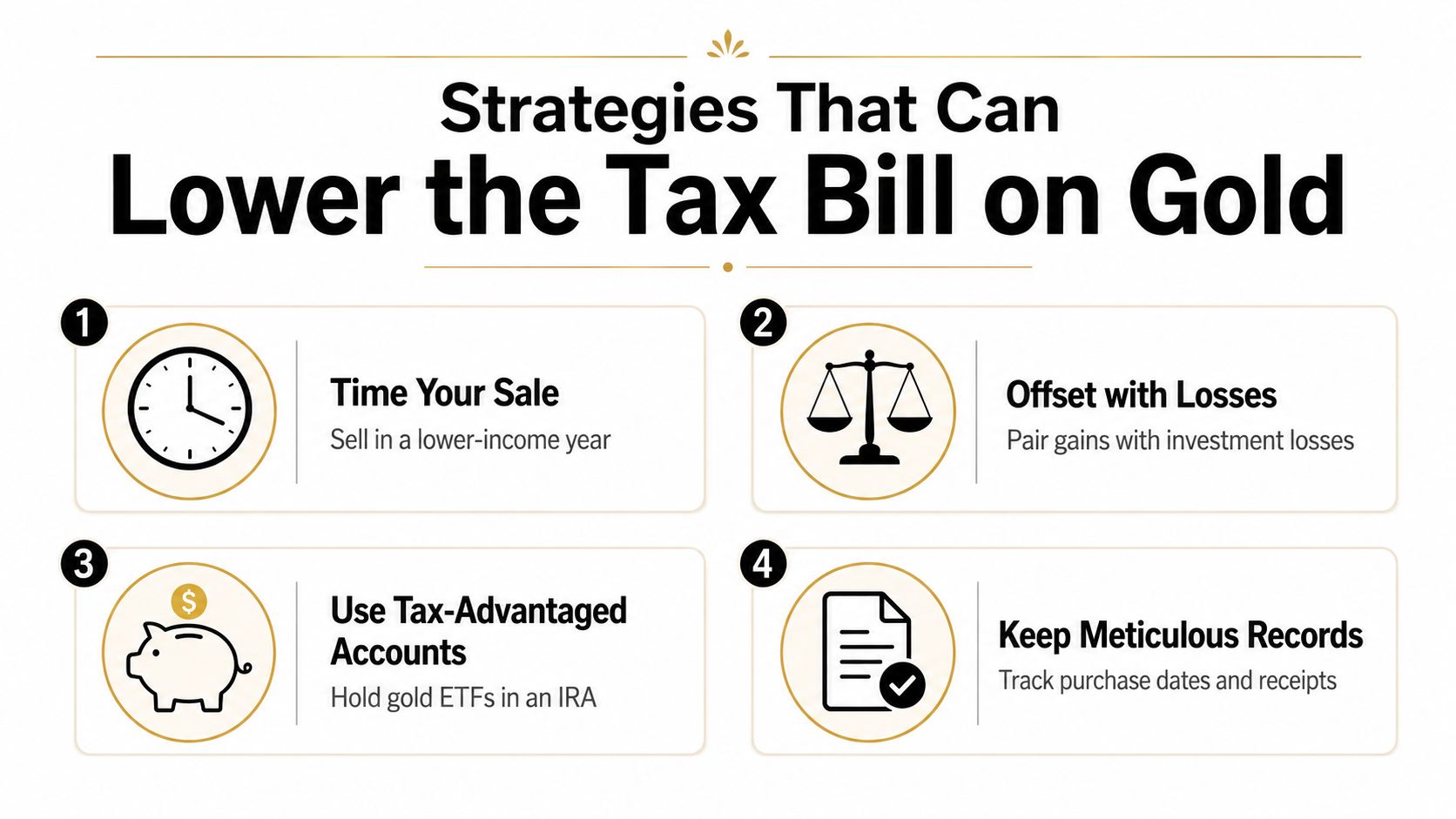 An infographic titled Strategies That Can Lower the Tax Bill on Gold with four listed tax tips.