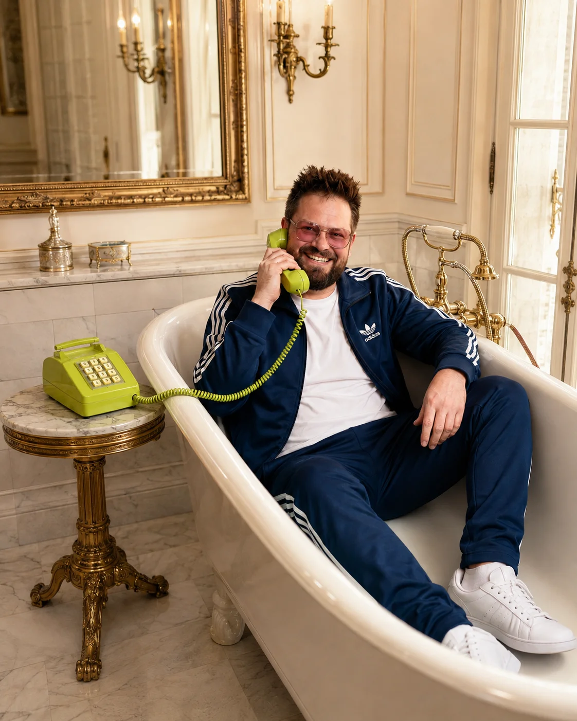 Un homme en survêtement répond au téléphone depuis une baignoire.