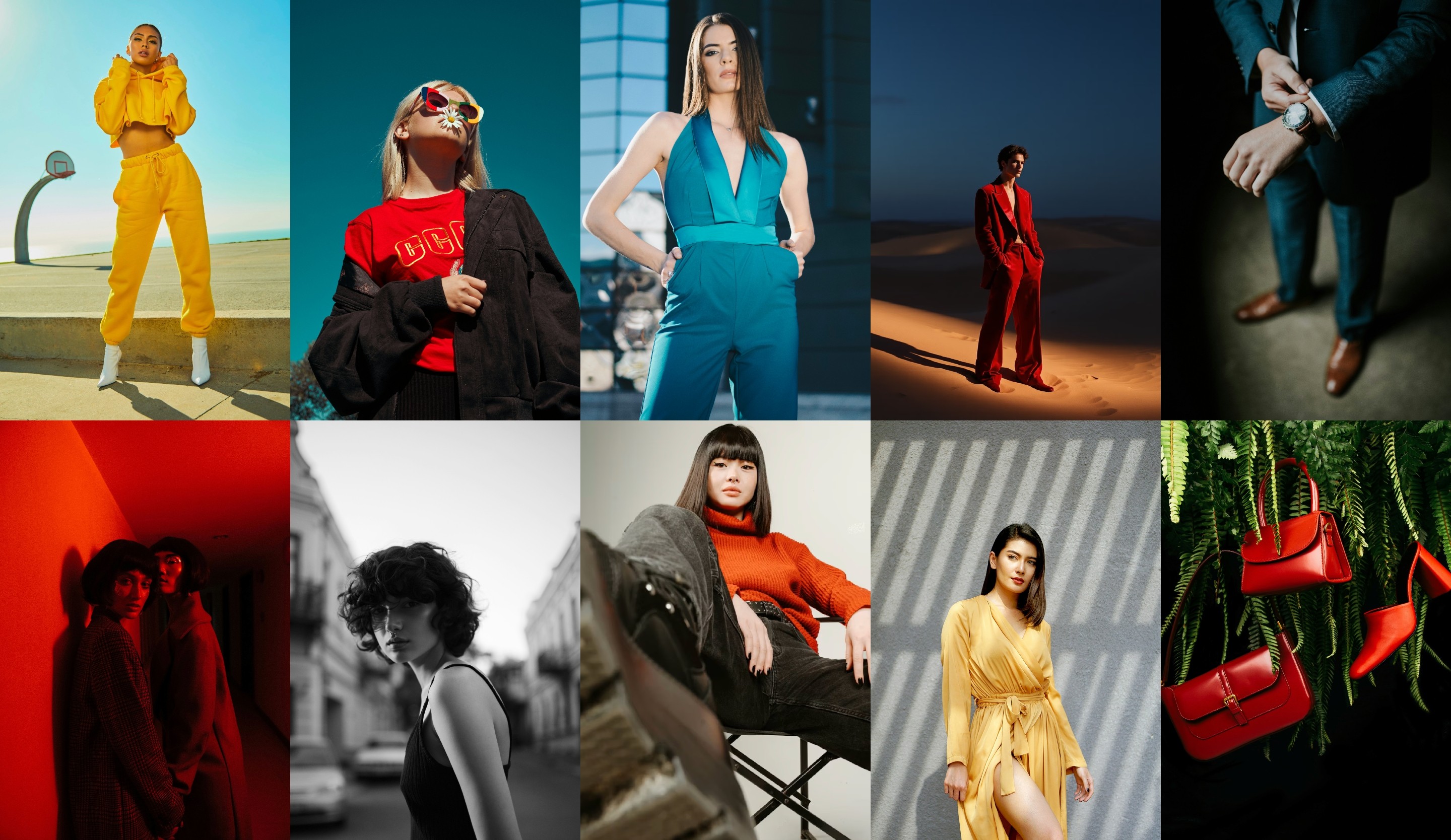 a woman in a black dress kneeling on a red background