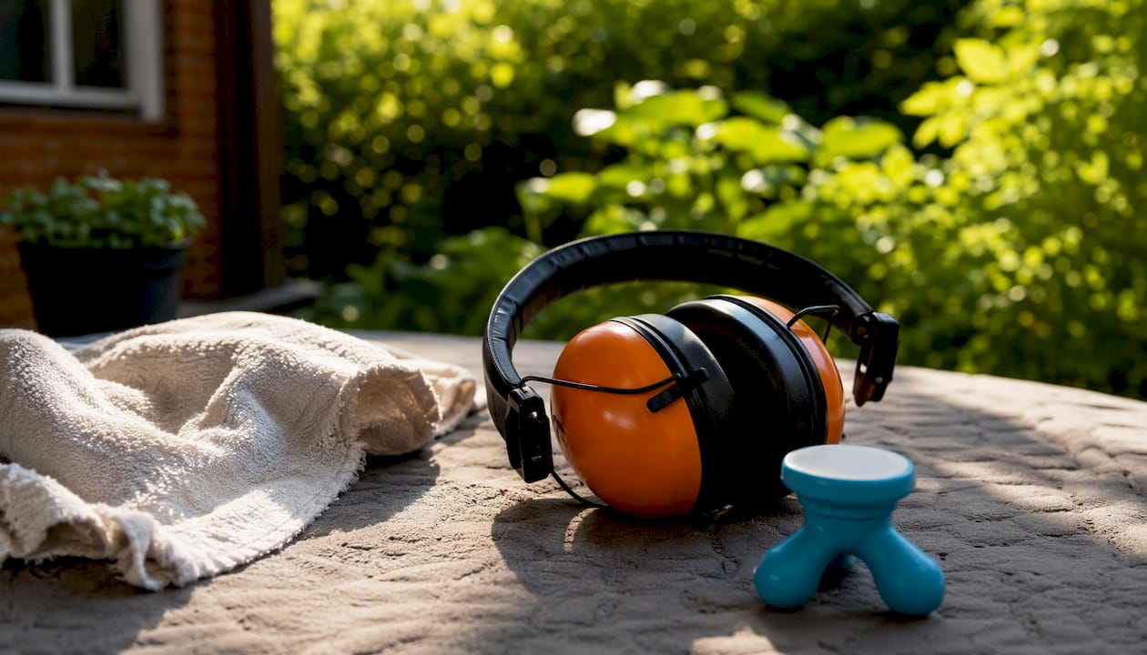 Noise-reducing earmuffs and sensory tools on table