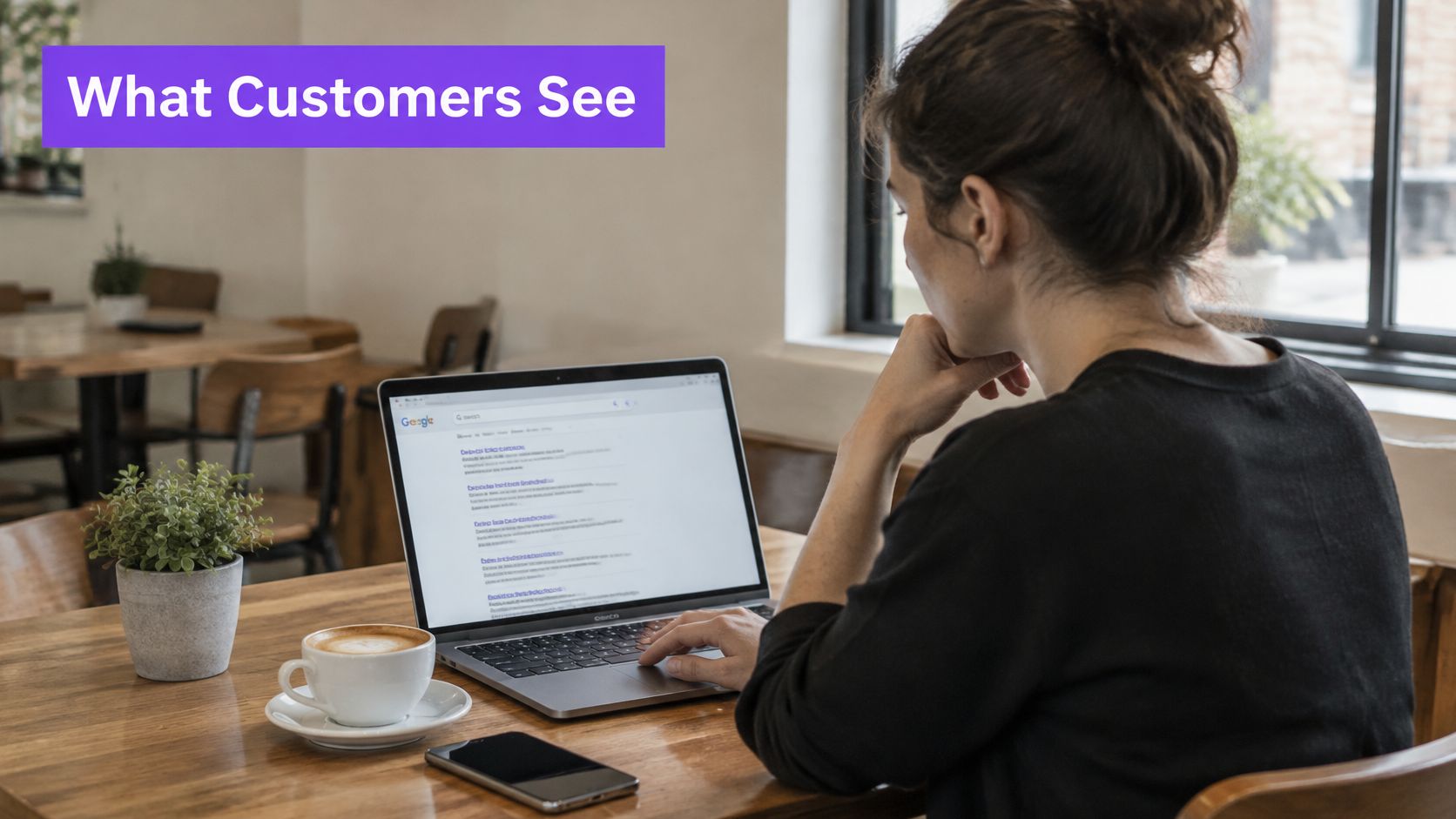 A woman working on her laptop in a cafe, checking online search results for her brand.