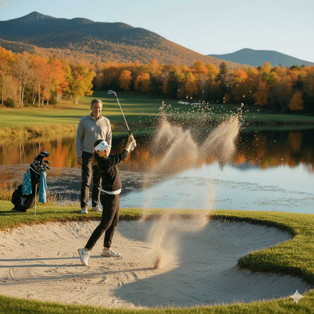 Golfeur frappant la balle depuis un tertre au bord d’un lac, avec décor de montagnes et lumière chaude de fin d’après-midi.