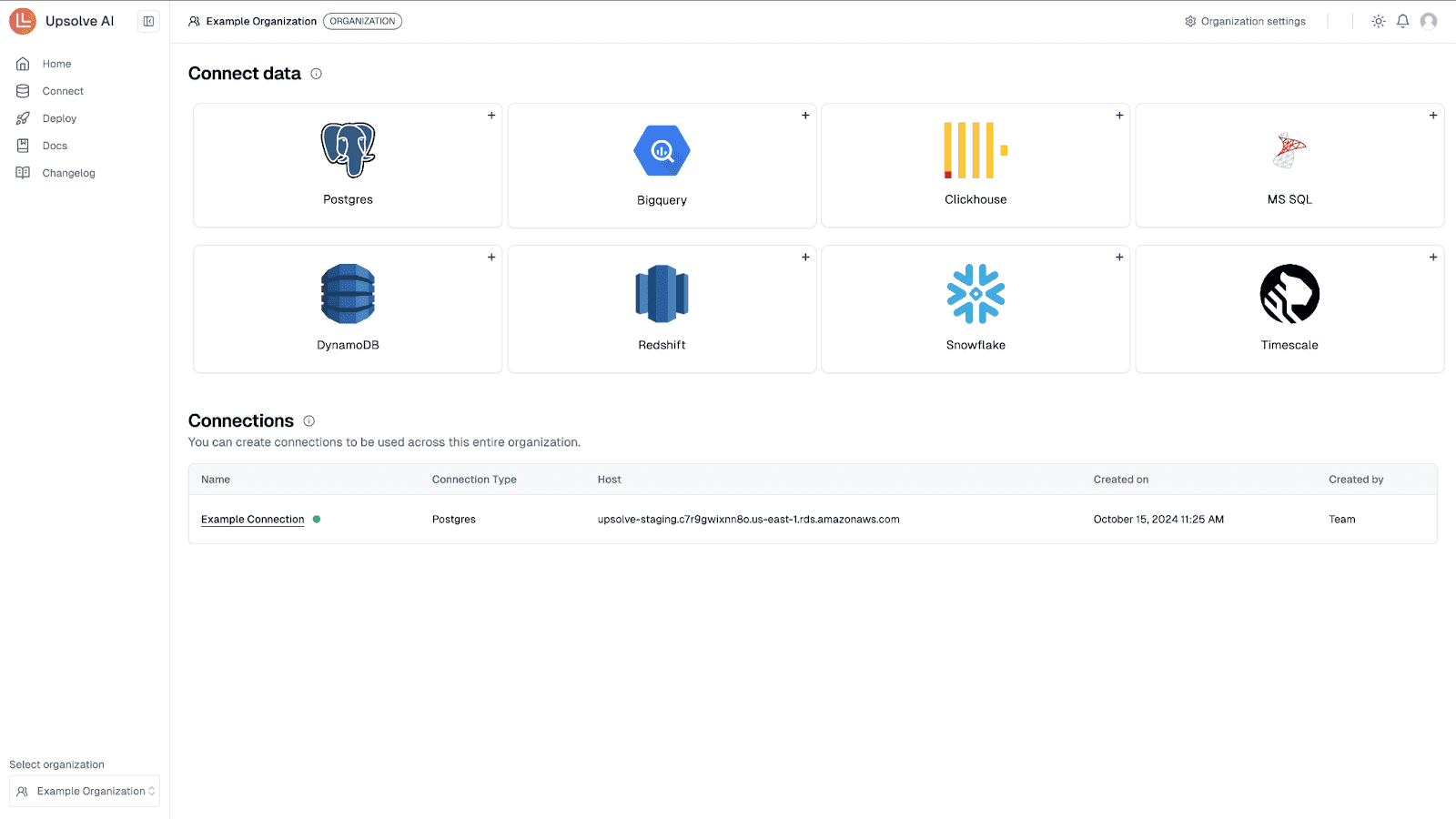 AI analytics dashboard data connection screen with database source options