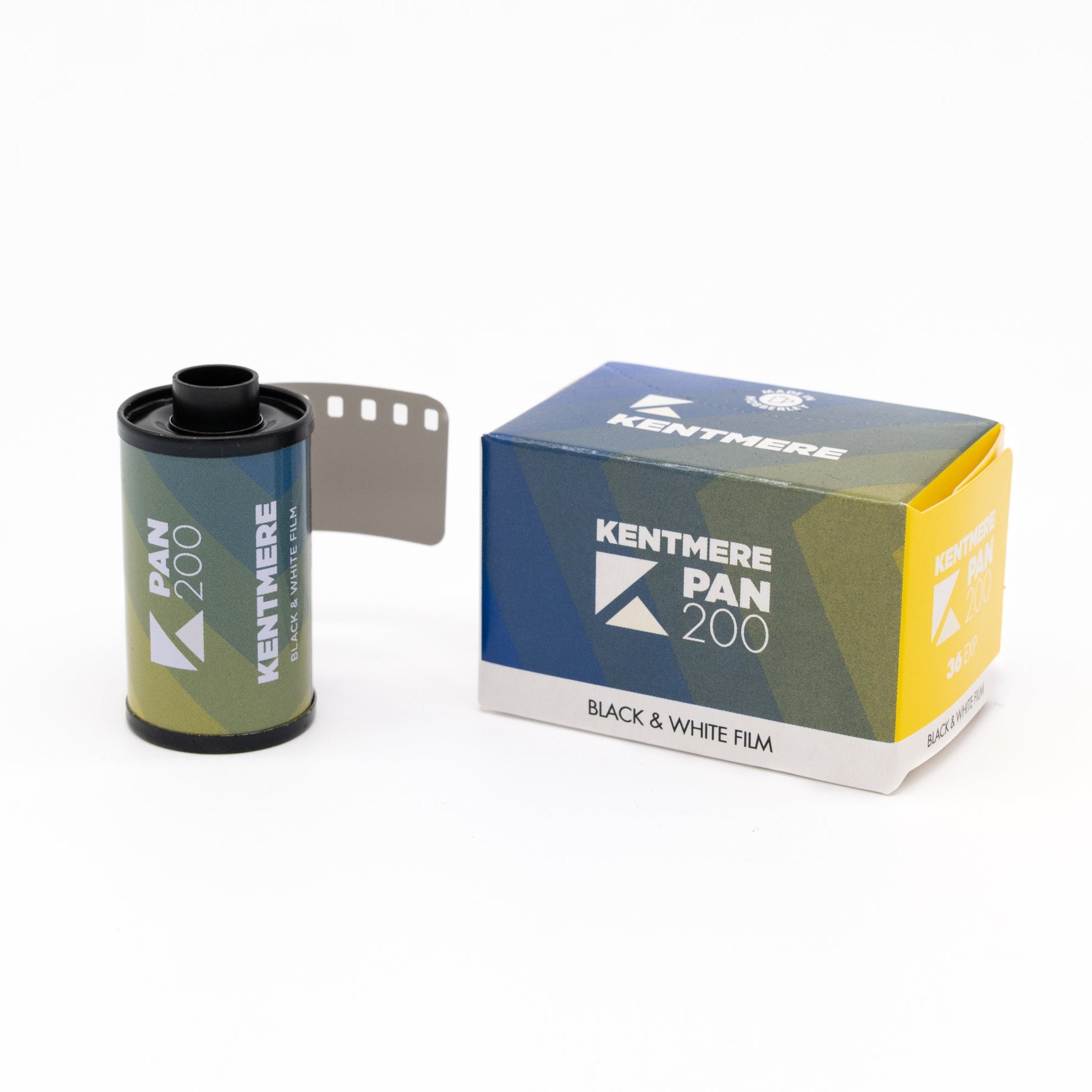 Kentmere Pan 200 black and white film canister and box