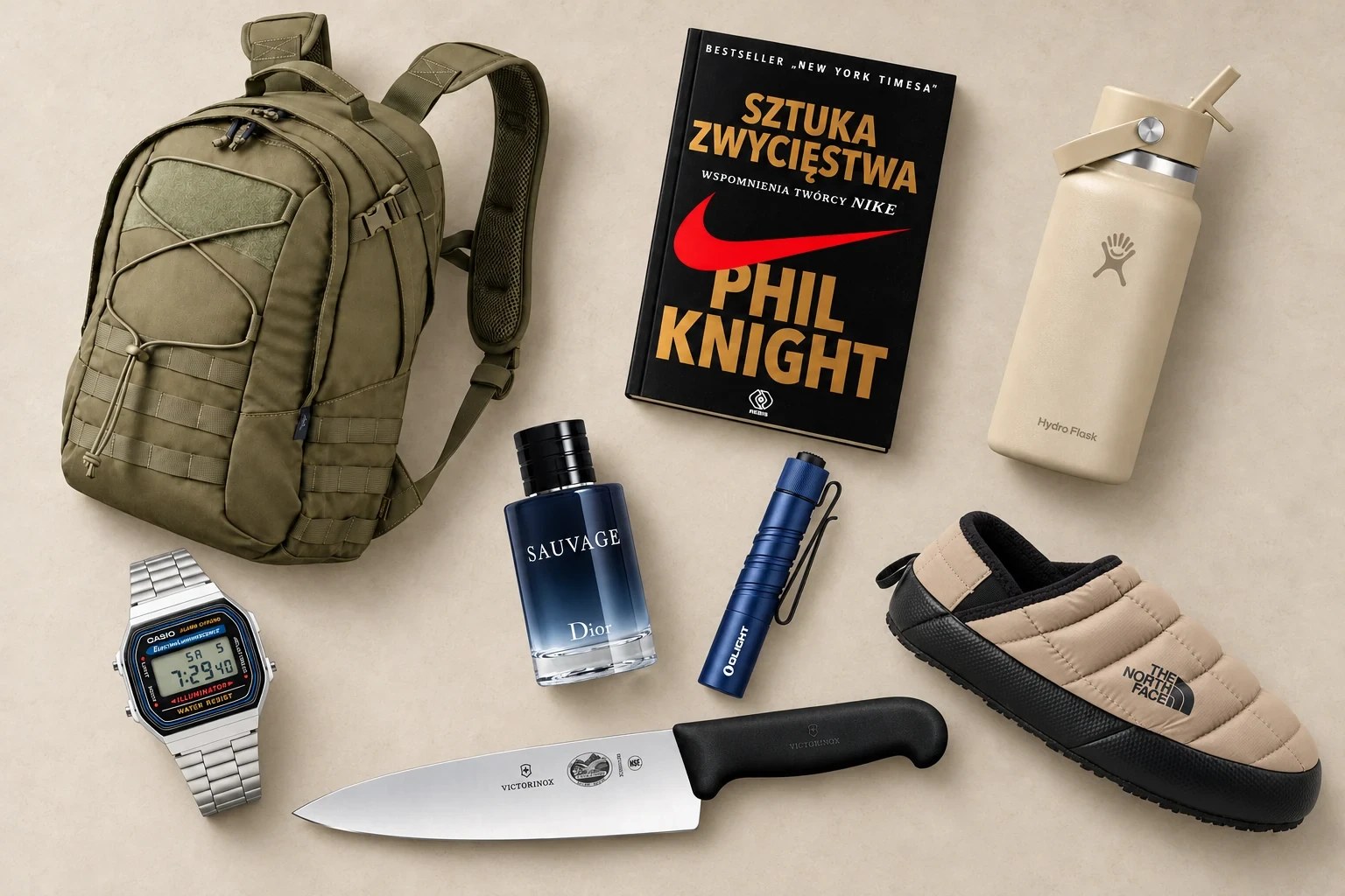 Kolaż prezentów na Mikołajki: plecak Helikon, książka, Hydro Flask, Casio, Dior, Olight, Victorinox i kapcie The North Face