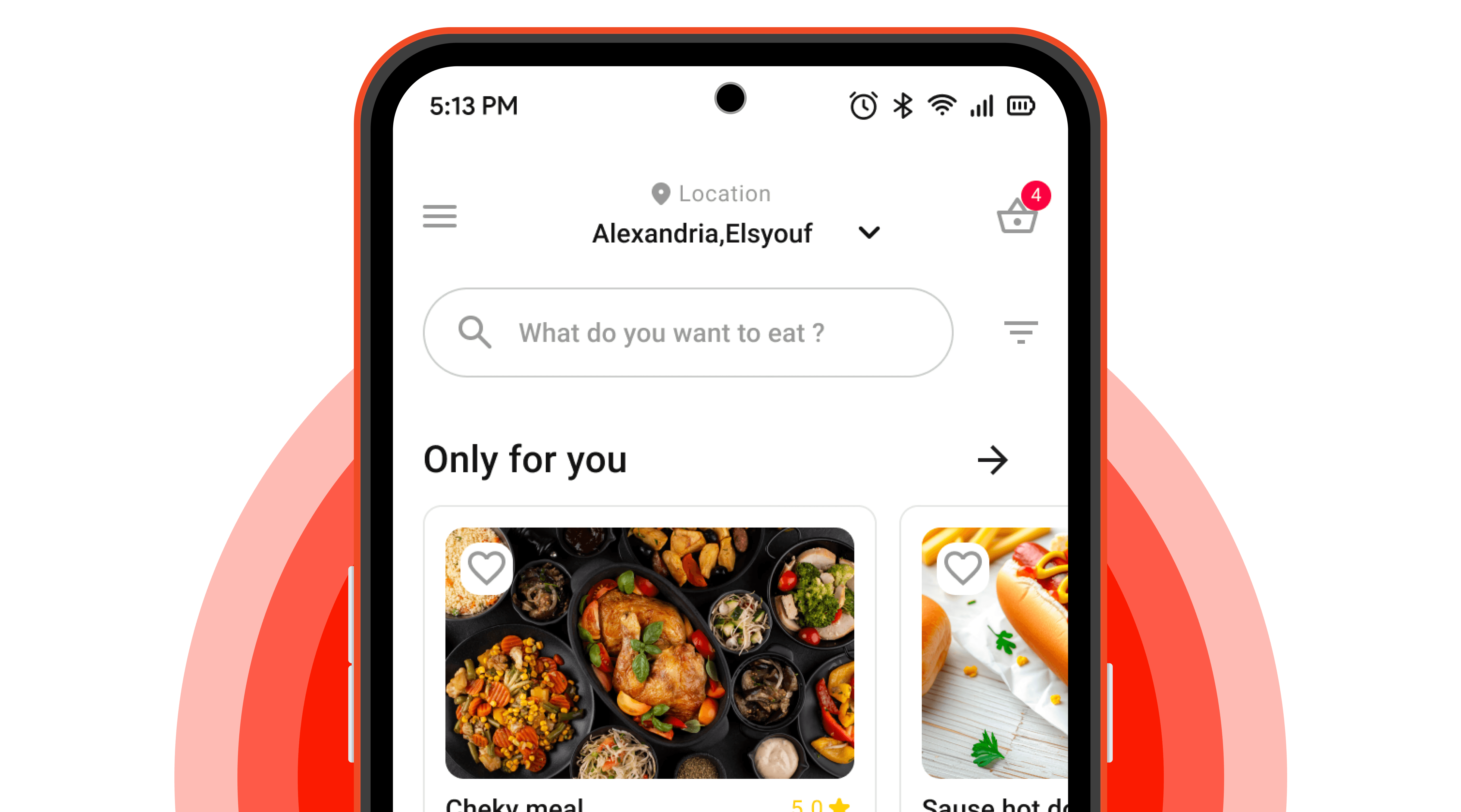 Home page design for the food app in a mobile mockup