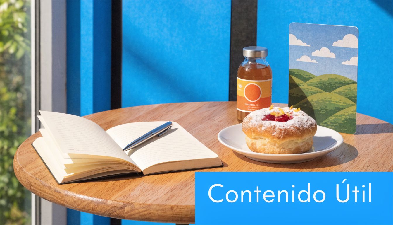 Una mesa de madera con un cuaderno abierto, bolígrafo, una bebida, un dulce y tarjeta ilustrada.