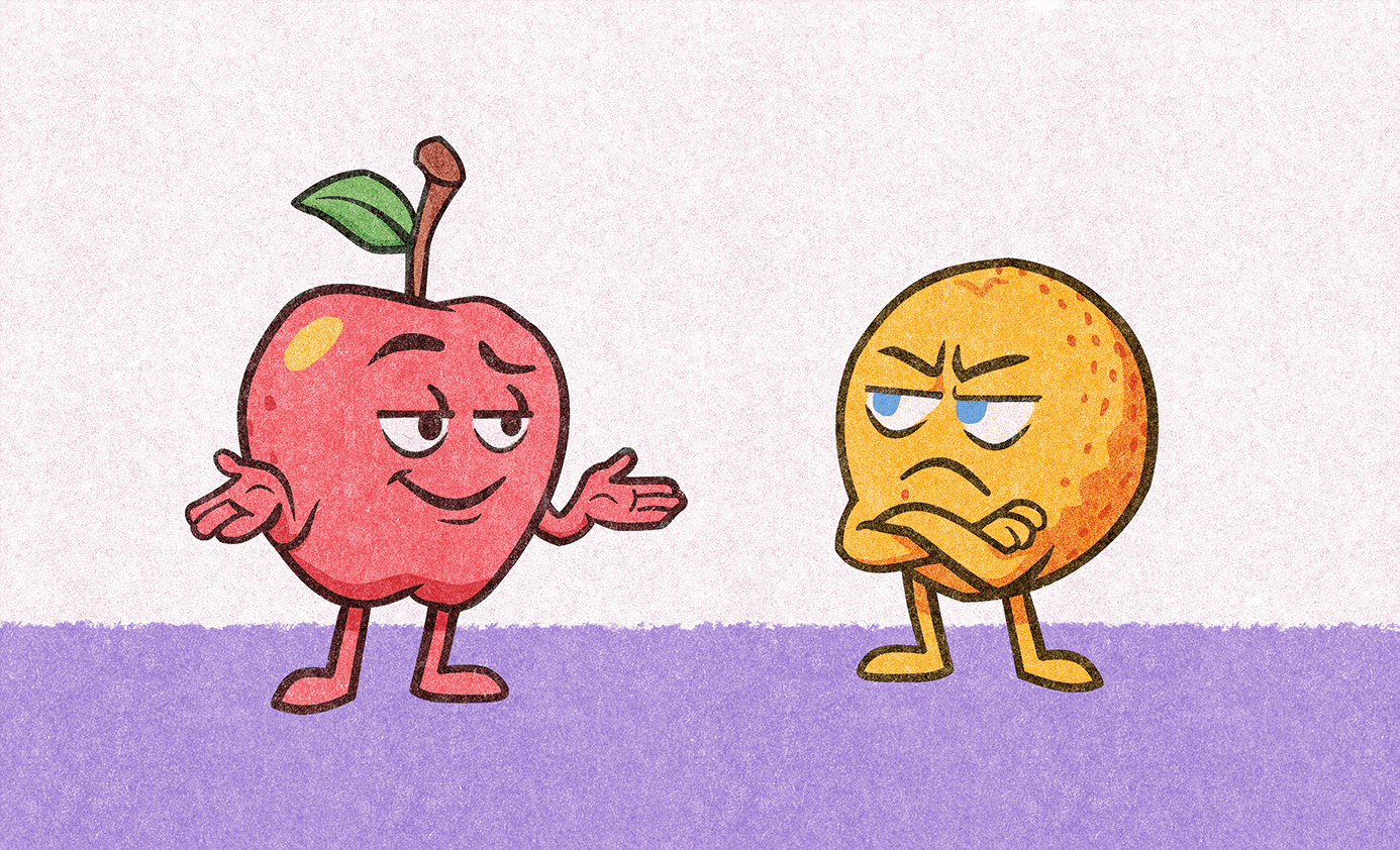 Apple shruging at Orange illustration