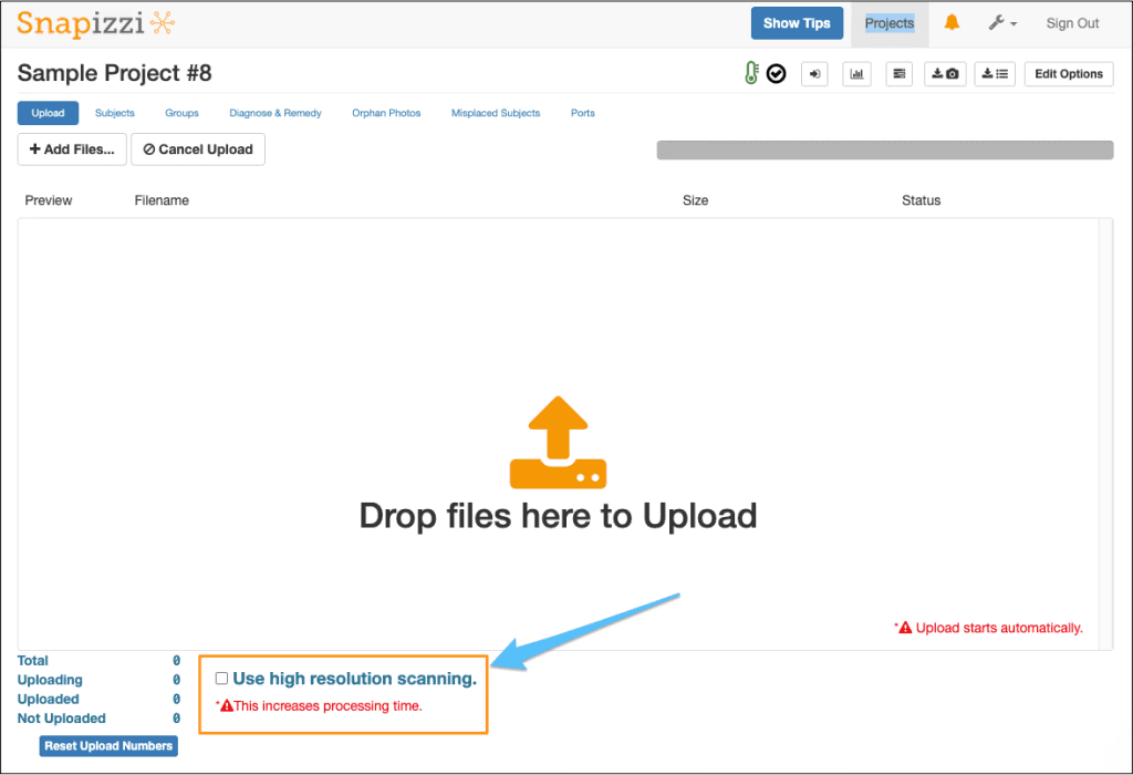 Snapizzi Upload page showing the High Resolution Scanning option for improving detection of small or difficult-to-read Data Matrix codes during keyframe image uploads.
