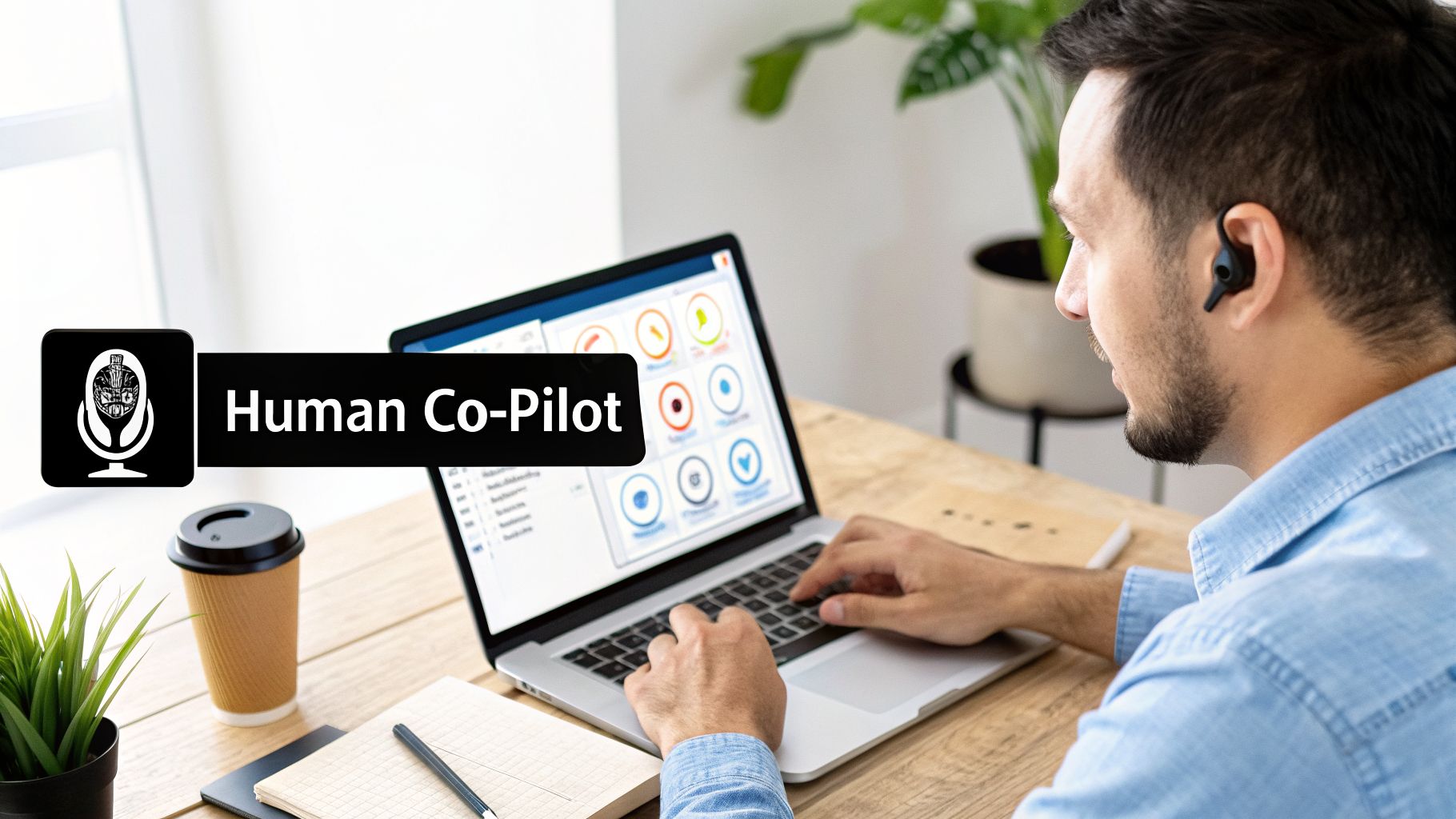 A man wearing an earbud types on a laptop, with 'Human Co-Pilot' text overlay.