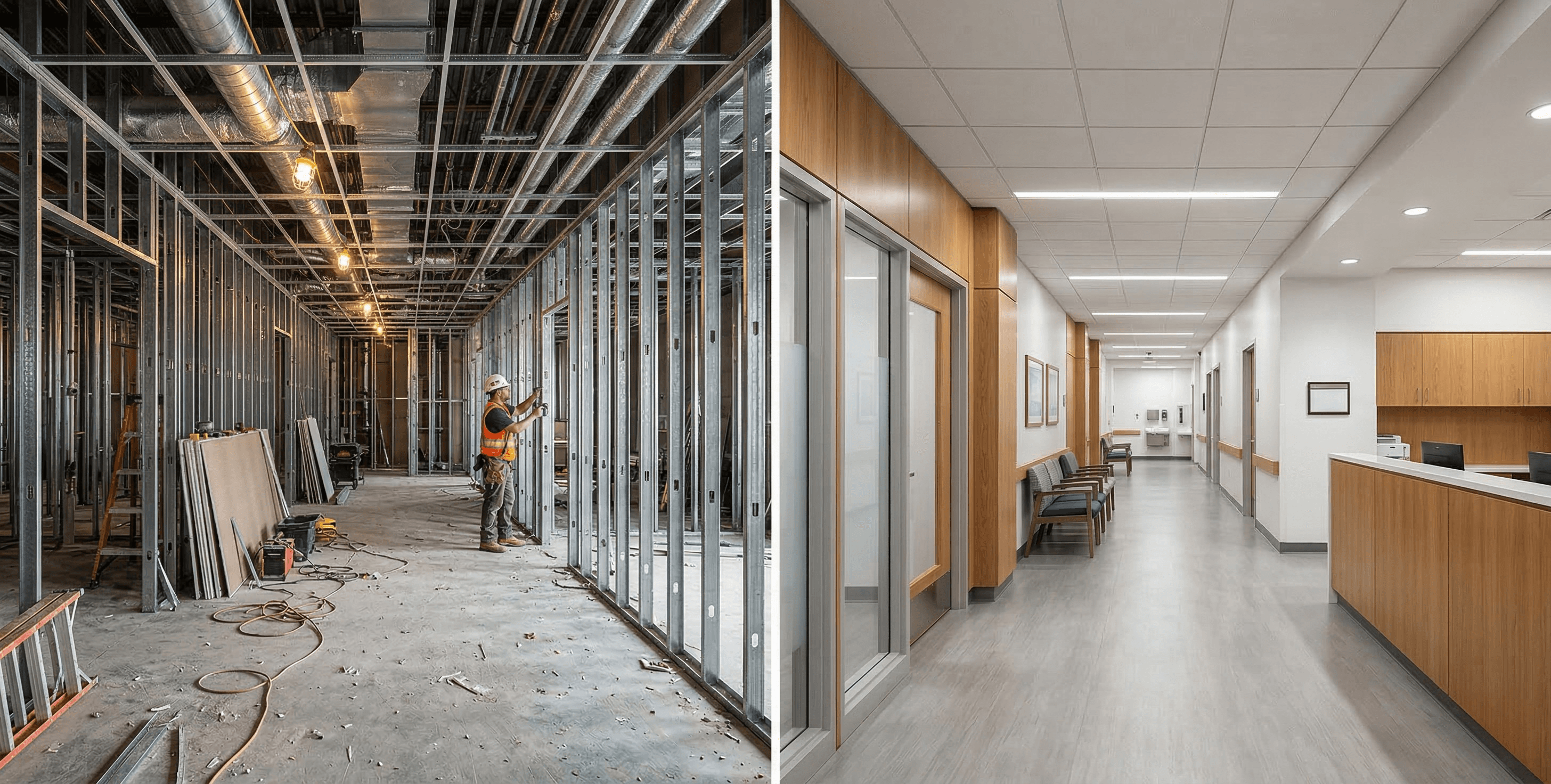 Before and after a Carrigg Commercial Builders facility renovation — exposed steel framing and ductwork on the left transformed into a finished VA medical clinic corridor with wood cabinetry, glass-panel offices, and a reception area on the right.