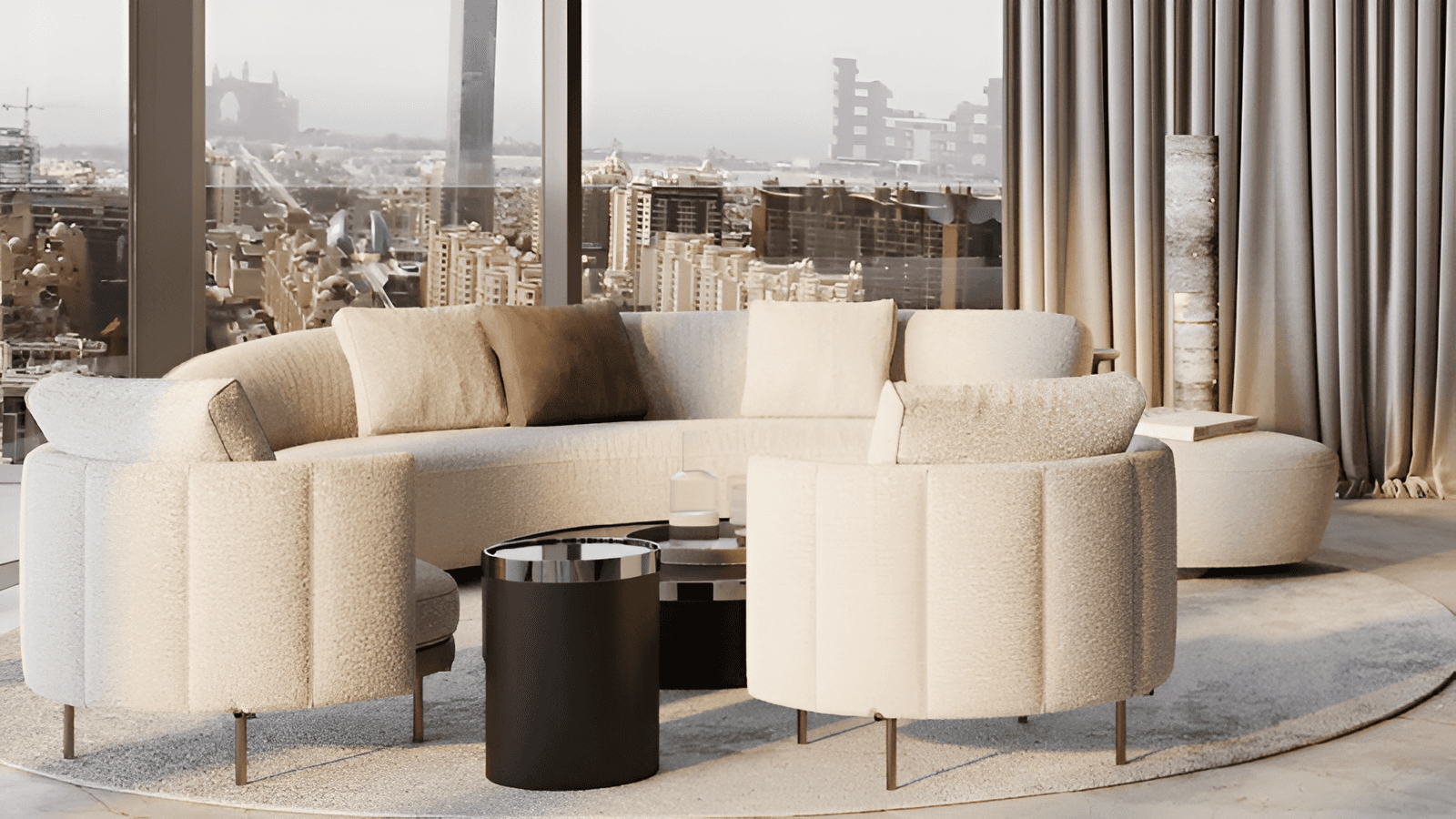 Elegant curved lounge area in an Ava residence with views of the Palm Jumeirah landscape.
