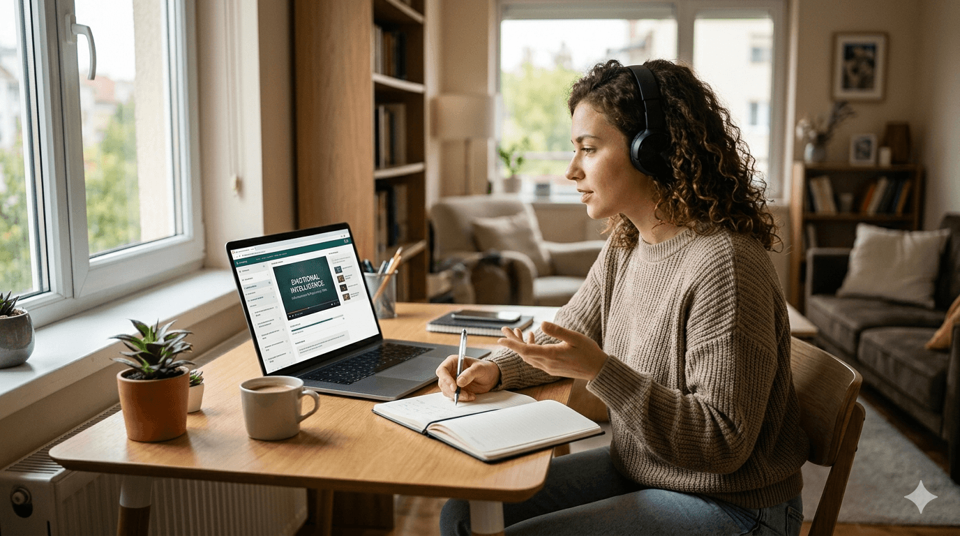 A woman wearing headphones taking an online 'Emotional Intelligence' video course on her laptop for trustedcommitment.com while taking notes in a journal at her home desk.