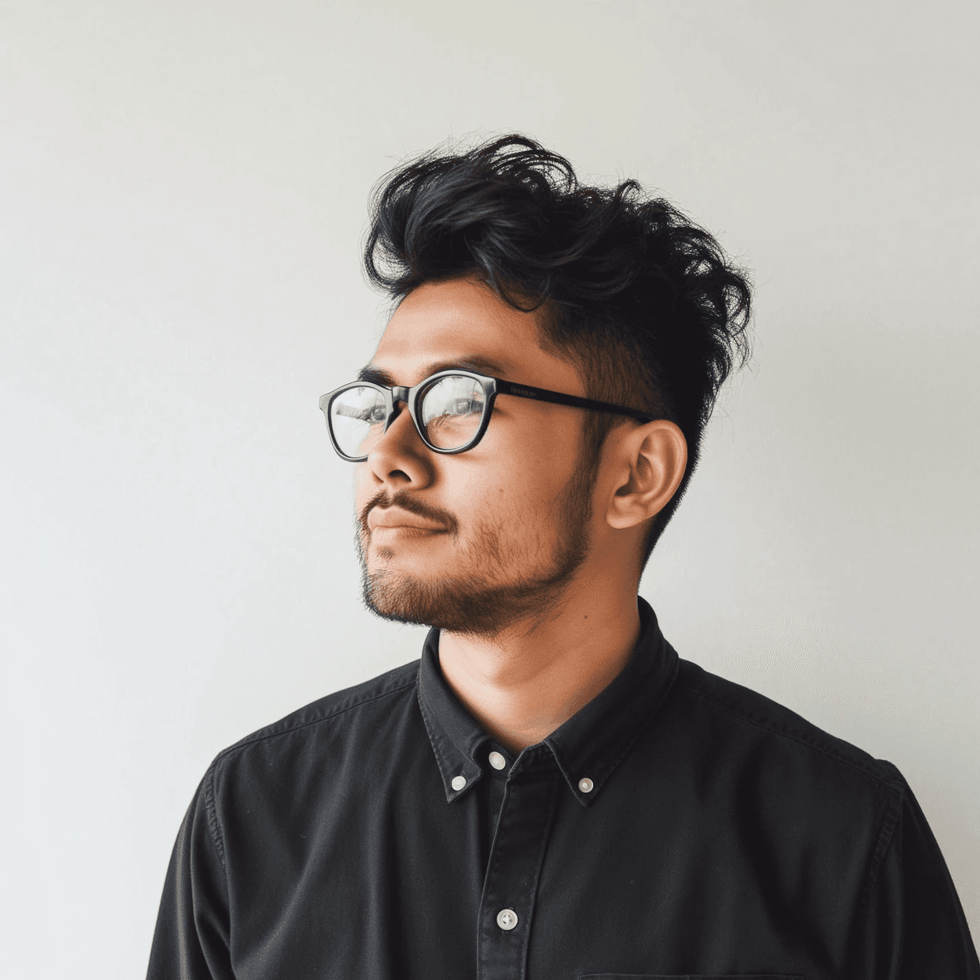 Man wearing black shirt and glasses, looking left.