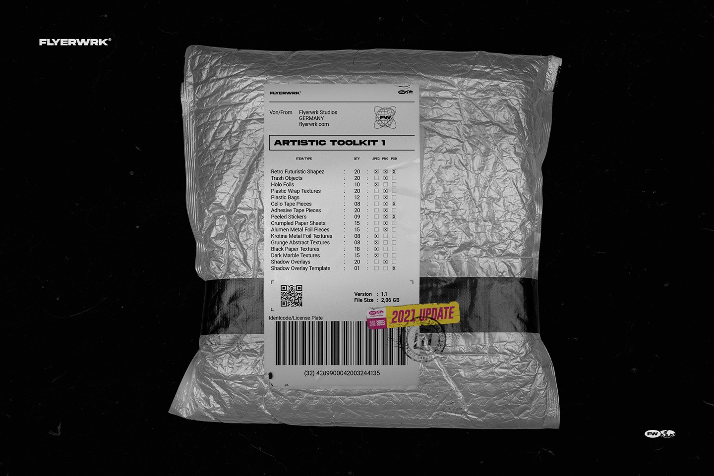 Artistic Toolkit 1 packaging preview showing the full list of graphic objects and texture assets included