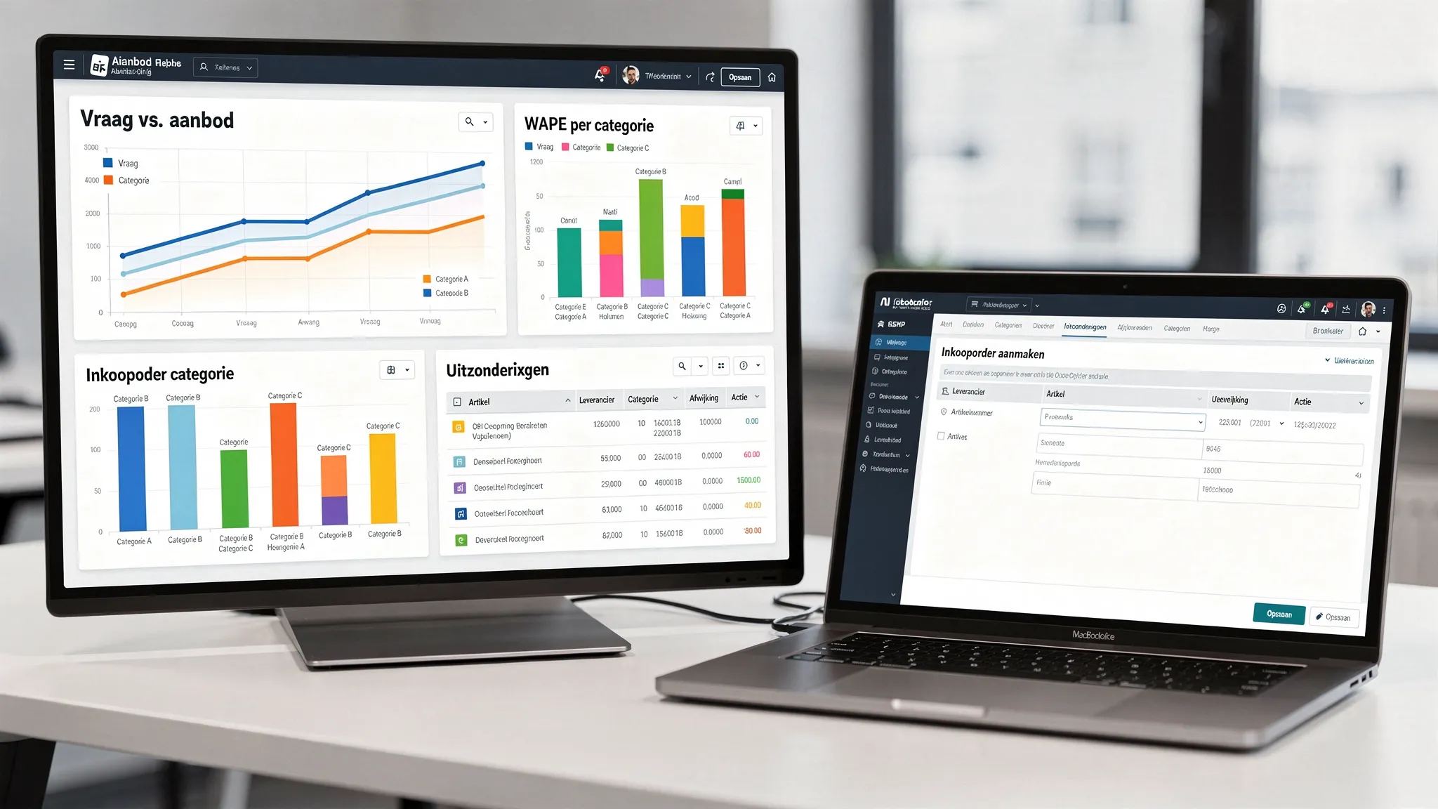 Close-up of an AI forecasting dashboard with charts for demand vs. supply, WAPE per category, and a list of exceptions, next to a laptop with an open ERP screen where a purchase order is being prepared.