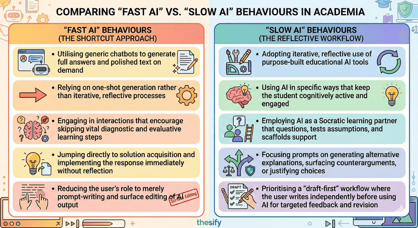 A comparison graphic between "Fast AI" (the shortcut approach) and "Slow AI" (the reflective workflow). It highlights how generic AI usage leads to cognitive offloading and metacognitive laziness, while purpose-built educational AI like thesify supports iterative revision and Socratic learning.