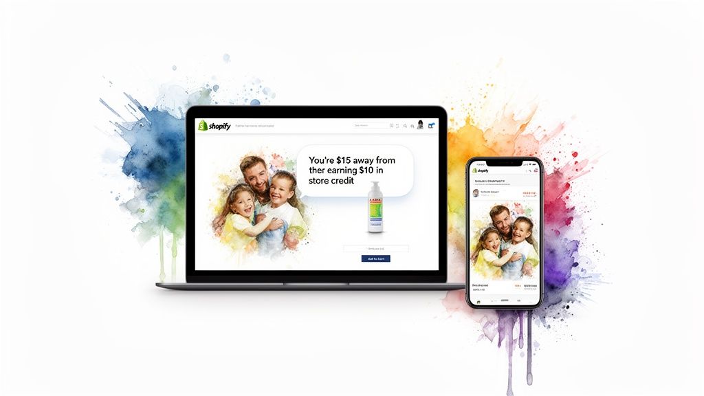 Shopify website on a laptop and app on a phone showing a family image and store credit offer.