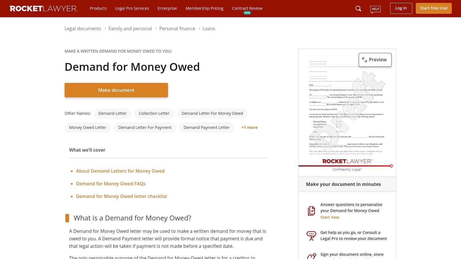 Rocket Lawyer, Demand for Money Owed (Collection/Demand Letter)