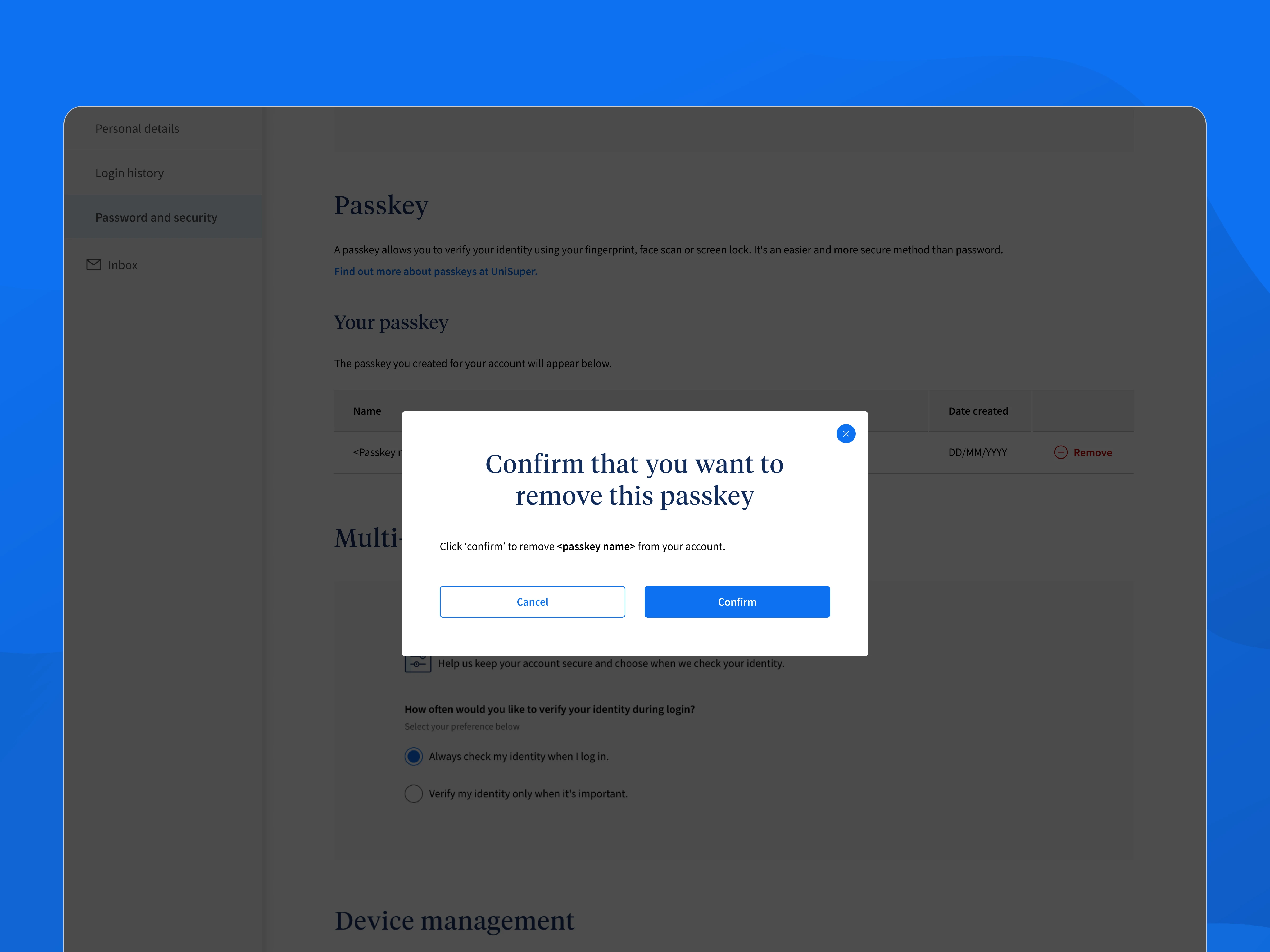 Removing a passkey from member online