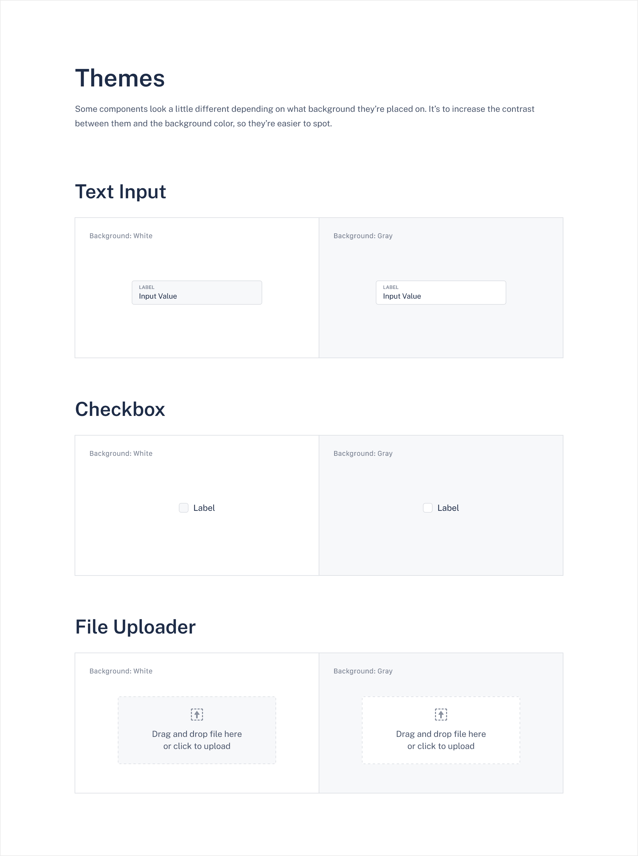 A page from the design system documentation. It contains information about some components (like input fields) having a different background based on the background that they’re placed on.