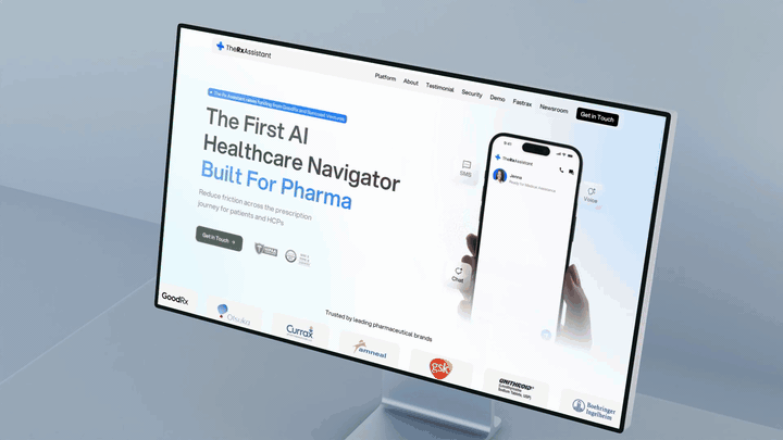 The Rx Assistant website in motion across the hero, pharma brand row and customer spotlight, designed and built by Rango in Next.js