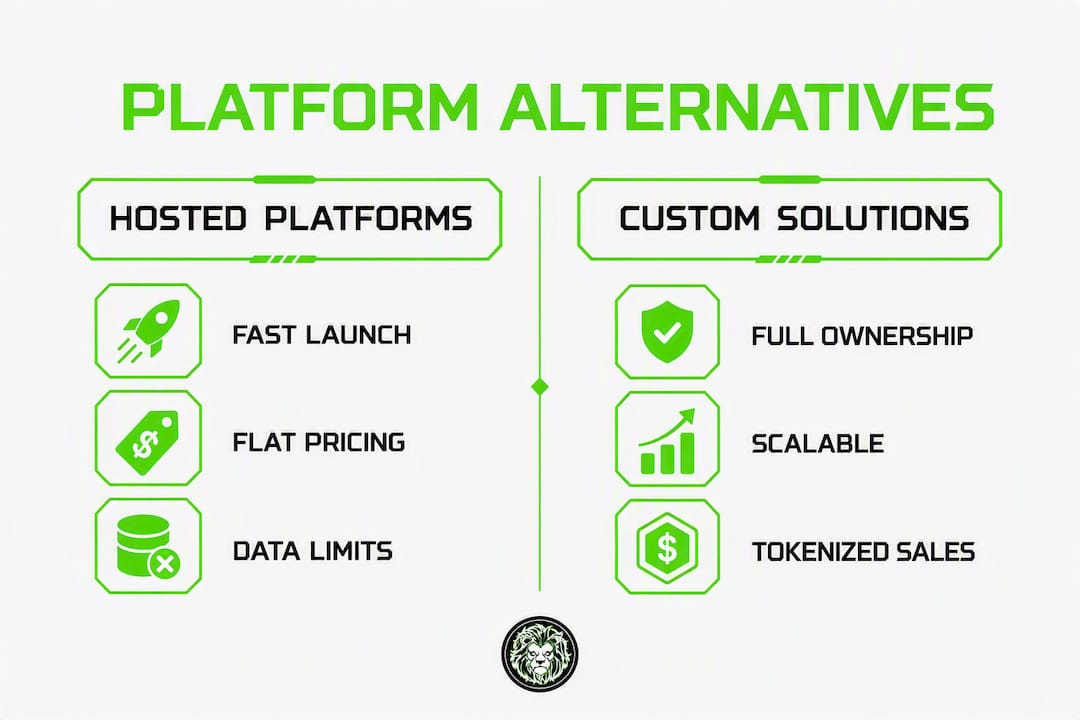 Infographic comparing hosted platforms and custom solutions