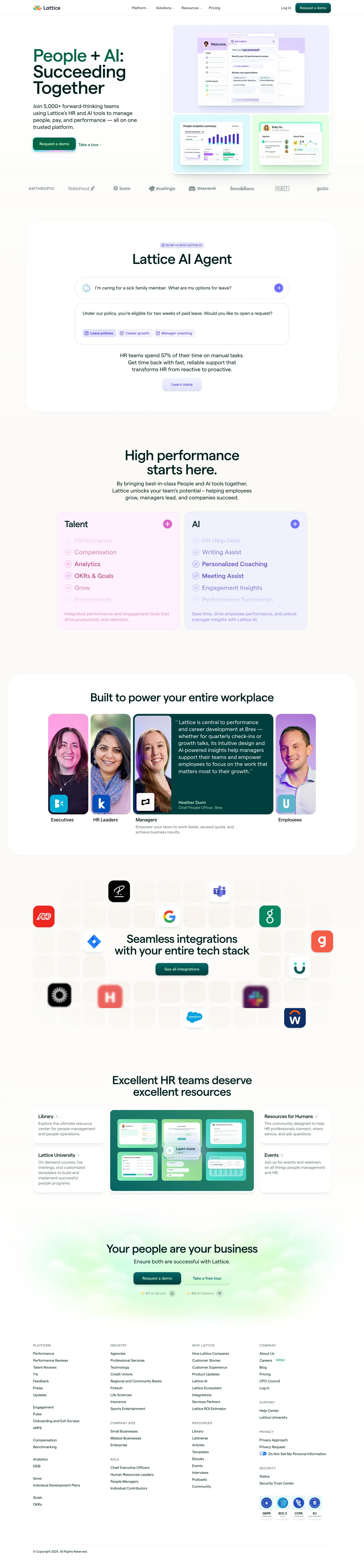 Lattice is a modern performance management platform that helps organizations align, develop, and engage their teams through continuous feedback and data-driven insights.
